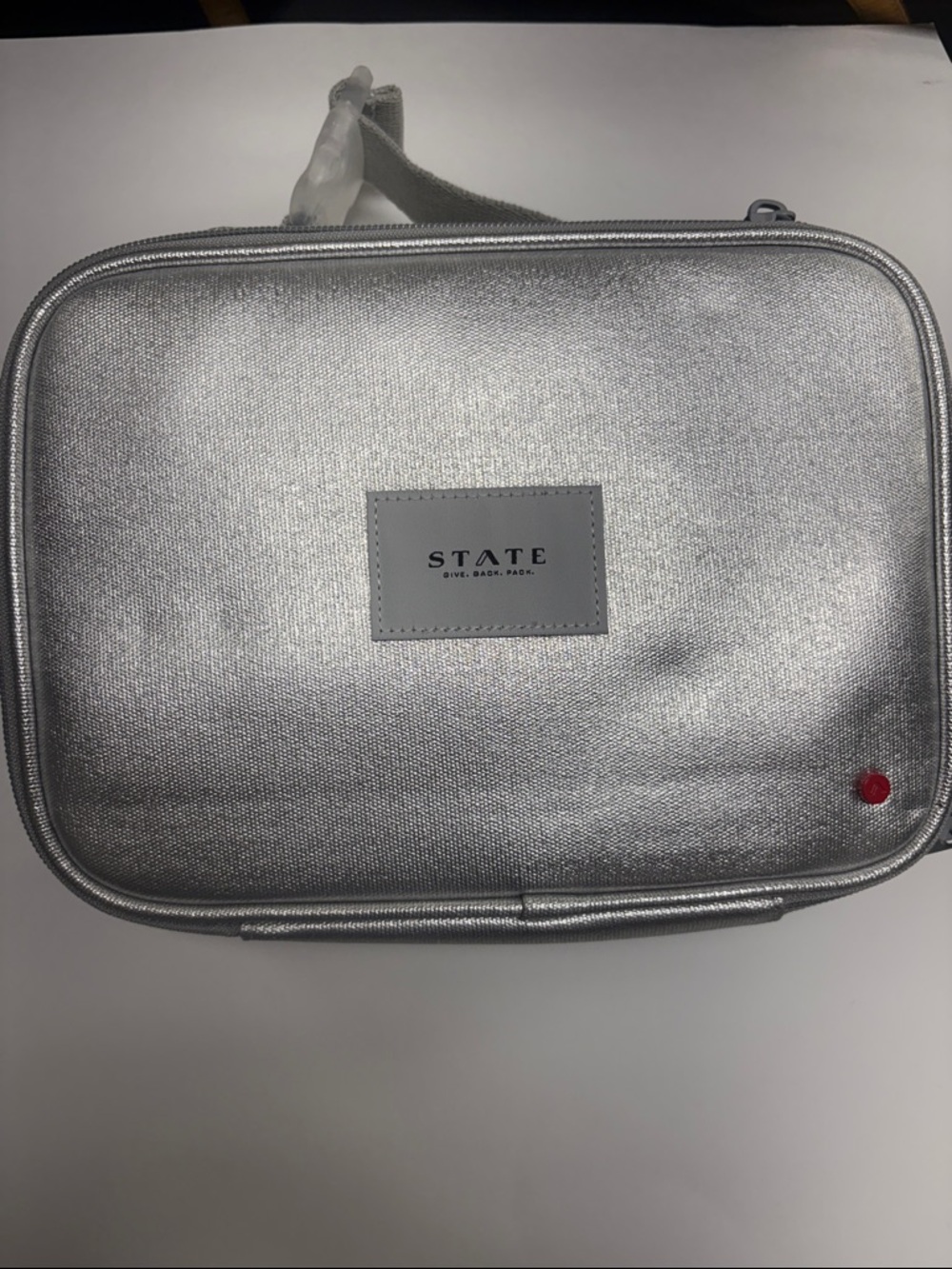 STATE Kids Metallic Silver Lunch Box with Red Accent